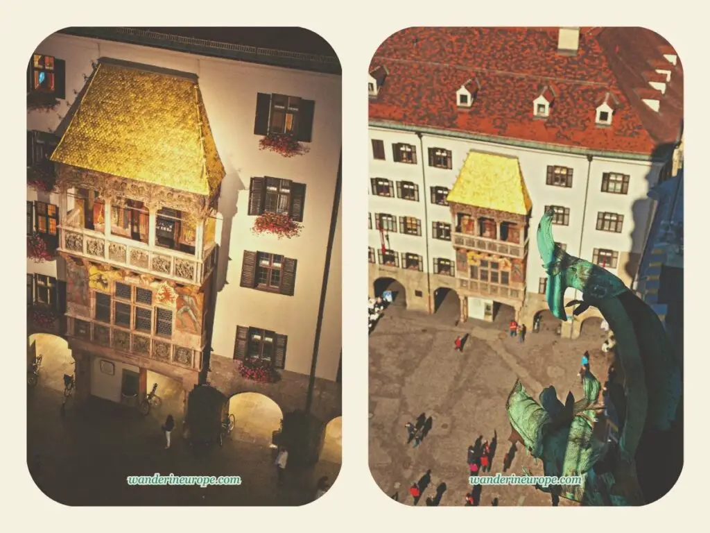 Day and night view of the Golden Roof from Stadtturm in Innsbruck, Austria