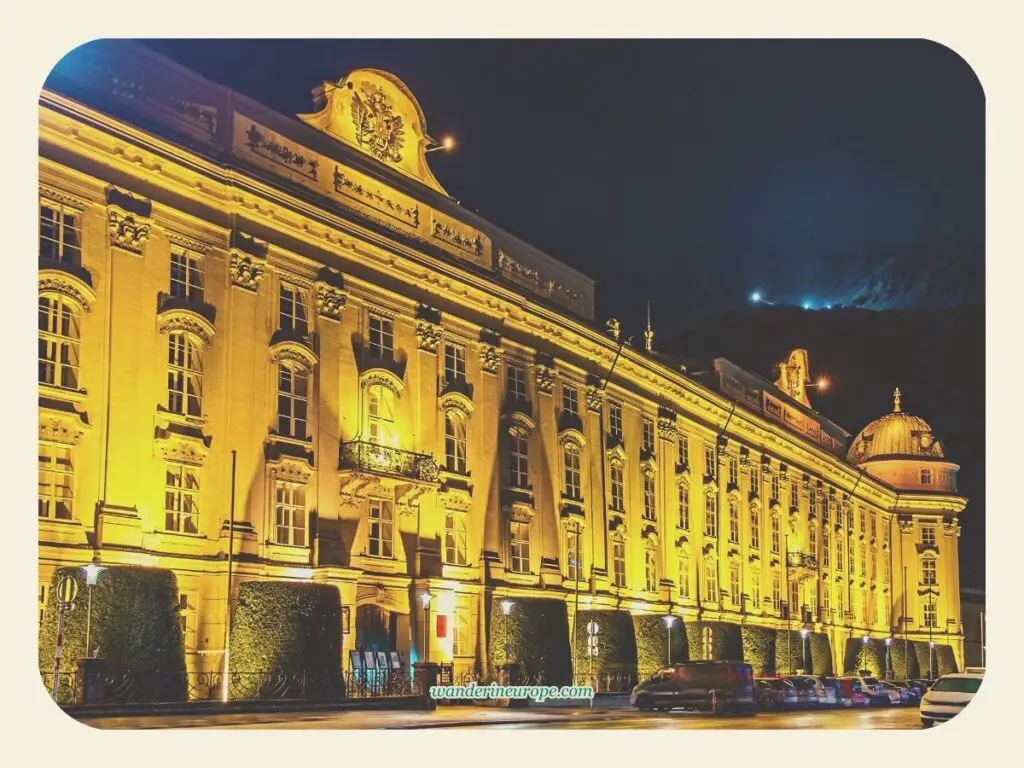 View of the Imperial Palace (Hofburg) at night in Innsbruck, Austria