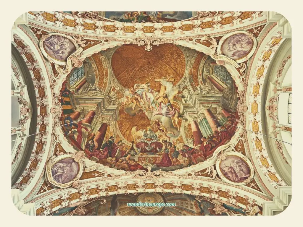 Awe-inspiring frescoes and stucco works by Asam Brothers on the ceiling of Innsbruck Cathedral’s nave, Innsbruck, Austria