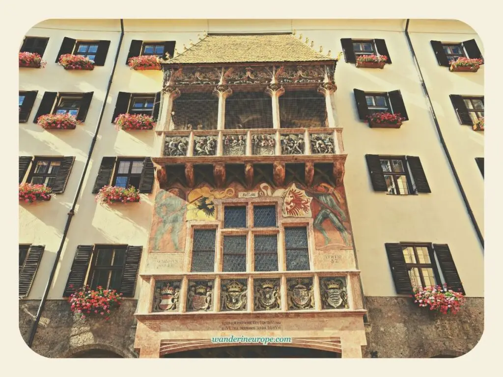 Close up view of the Golden Roof from Herzog-Friedrich-Straße, Old Town Innsbruck, Austria