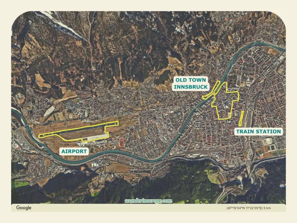 Map of Innsbruck showing the location of the airport, train station, and Old Town Innsbruck, Austria