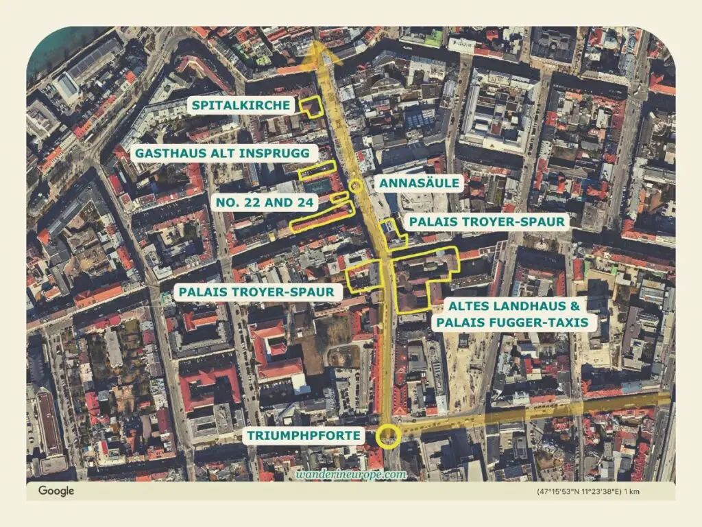 Map of Old Town Innsbruck showing the location of the places of interest along Maria-Theresien-Straße, Innsbruck, Austria