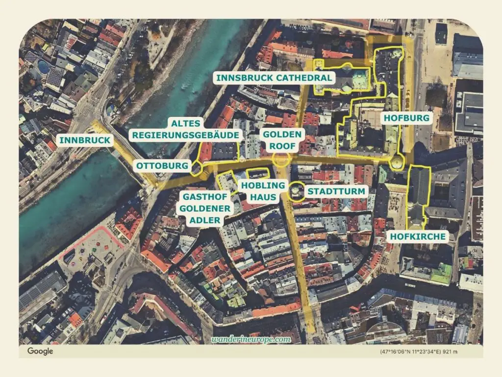 Map of Old Town Innsbruck showing the location of the tourist attractions in the historic center and Herzog-Friedrich-Straße, Innsbruck, Austria