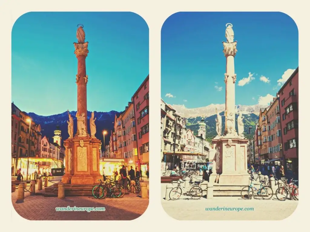 Night and day appearance of Annasaule, Old Town Innsbruck, Austria