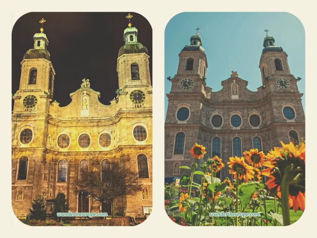 Night and day look of Innsbruck Cathedral, Old Town Innsbruck, Austria