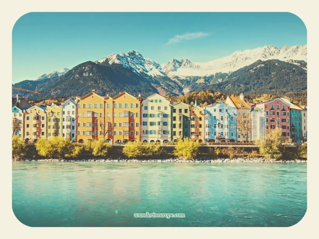 The colorful houses of Innsbruck from the River Inn (Marktplatz), Old Town Innsbruck, Austria