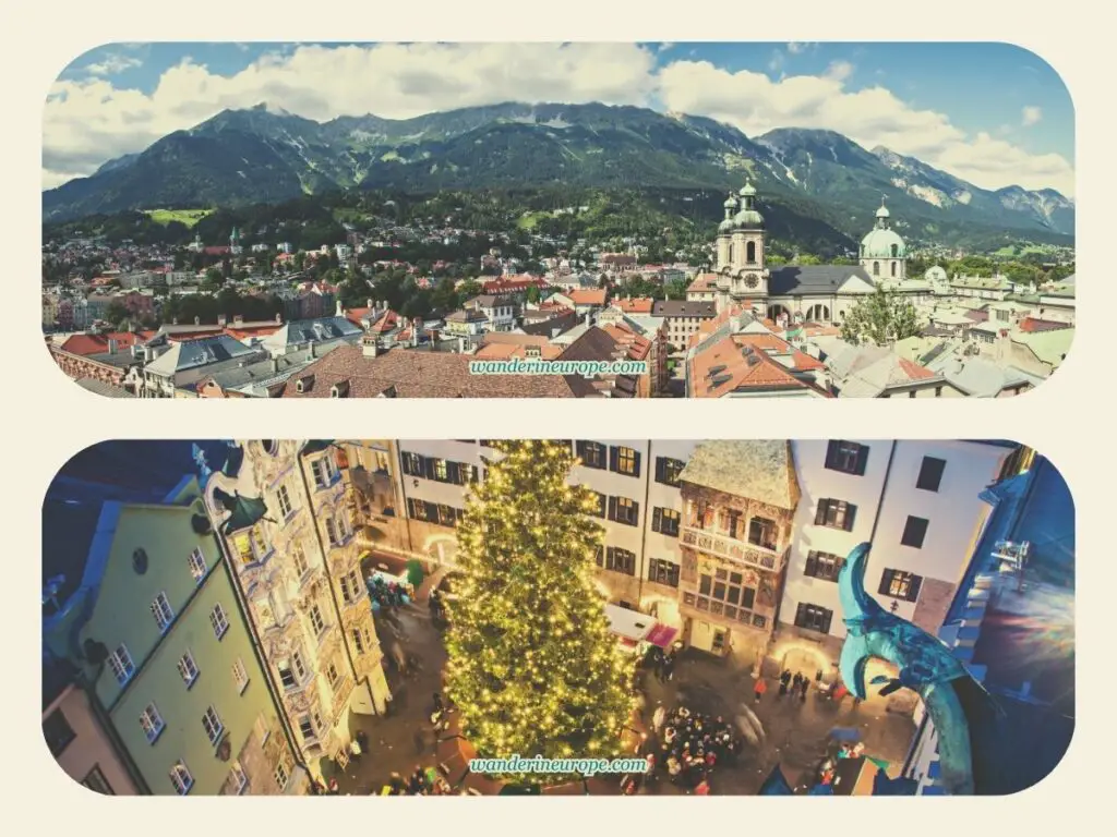 The panoramic view of Nordkette and overlooking view of Herzog-Friedrich-Straße (Christmas time) from Stadtturm, Old Town Innsbruck, Austria
