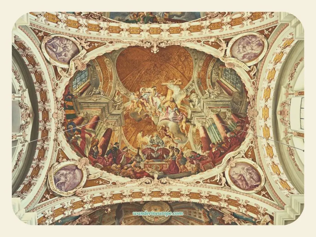 The stunning frescoes and stucco works by the Asam brothers at the ceiling of Inactivity Cathedral, Old Town Innsbruck, Austria