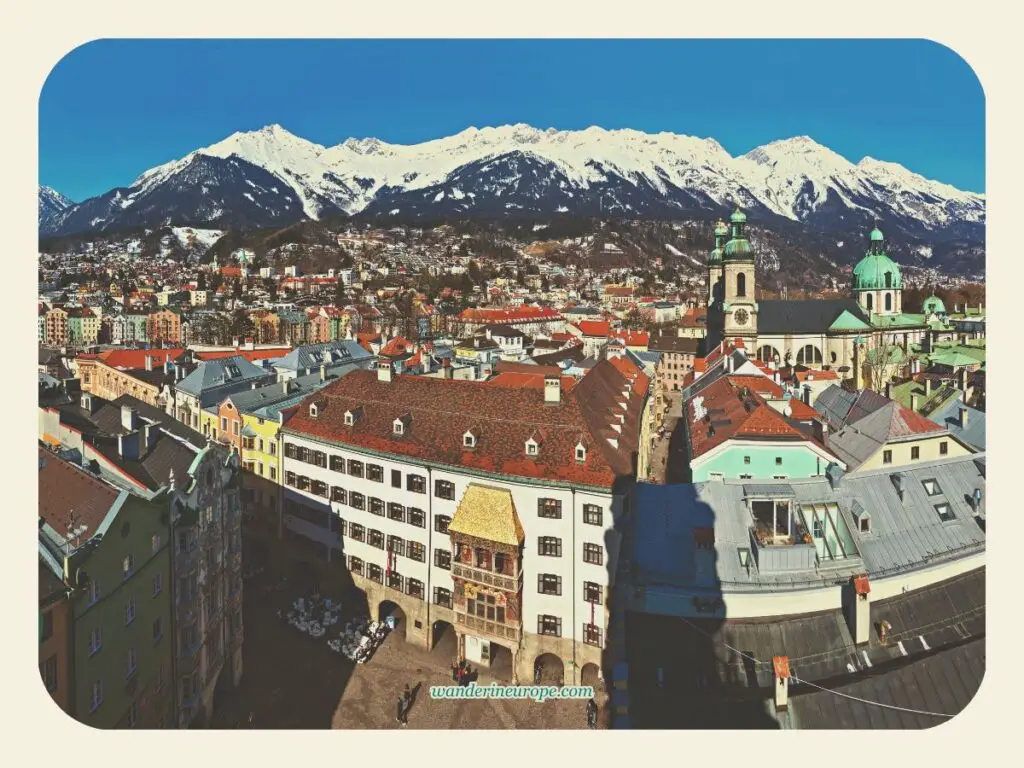 View of Nordkette from the observation deck of Stadtturm in Innsbruck, Austria