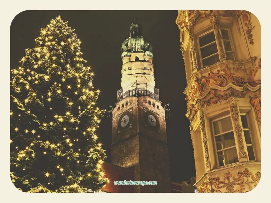 View of the Stadtturm during Christmas time in Innsbruck, Austria