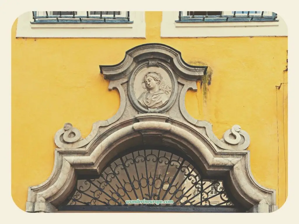 Arch decoration on the facade of Mozart's birthplace in Salzburg, Austria