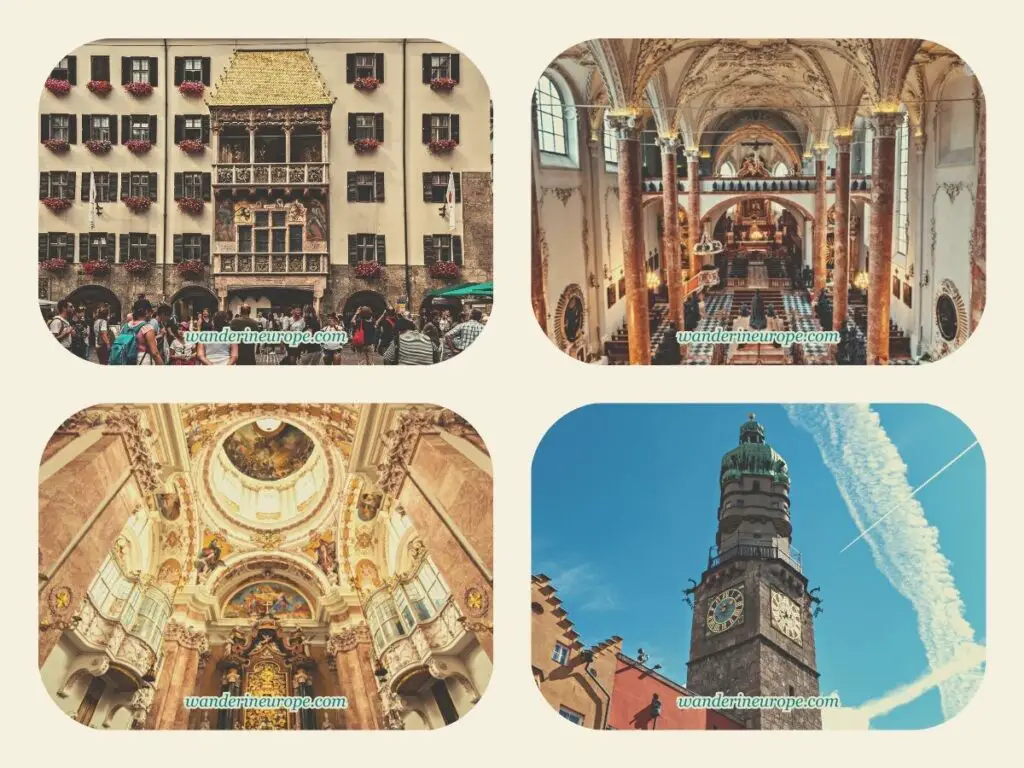 Golden Roof, Innsbruck City Tower, Hofkirche, and the Cathedral of Saint James, the recommended landmarks to see in the historic center Innsbruck, Austria
