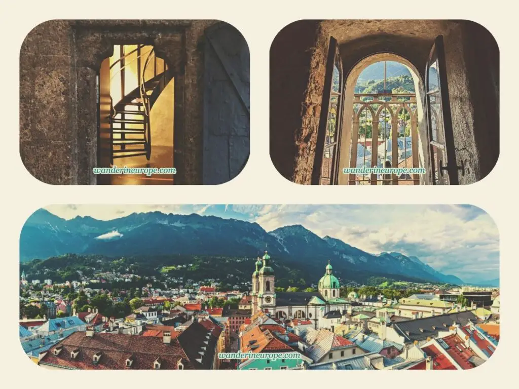 Inside the City Tower and the view from its viewing platform, day 1 of 2-day trip to Innsbruck, Austria