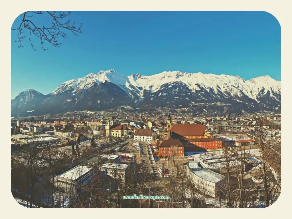 The view of the city and Nordkette Mountain Range in Innsbruck, Austria