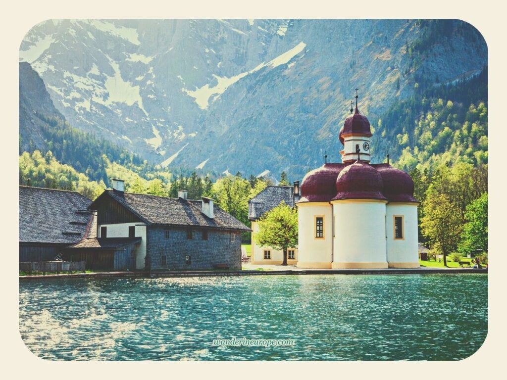 Angelic view of Konigssee and St. Bartholomew Church in Berchtesgaden, Bavaria, Germany