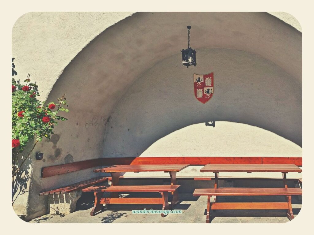 Benches and arches in Hohenwerfen Fortress’ courtyard, Werfen, Salzburg, Austria