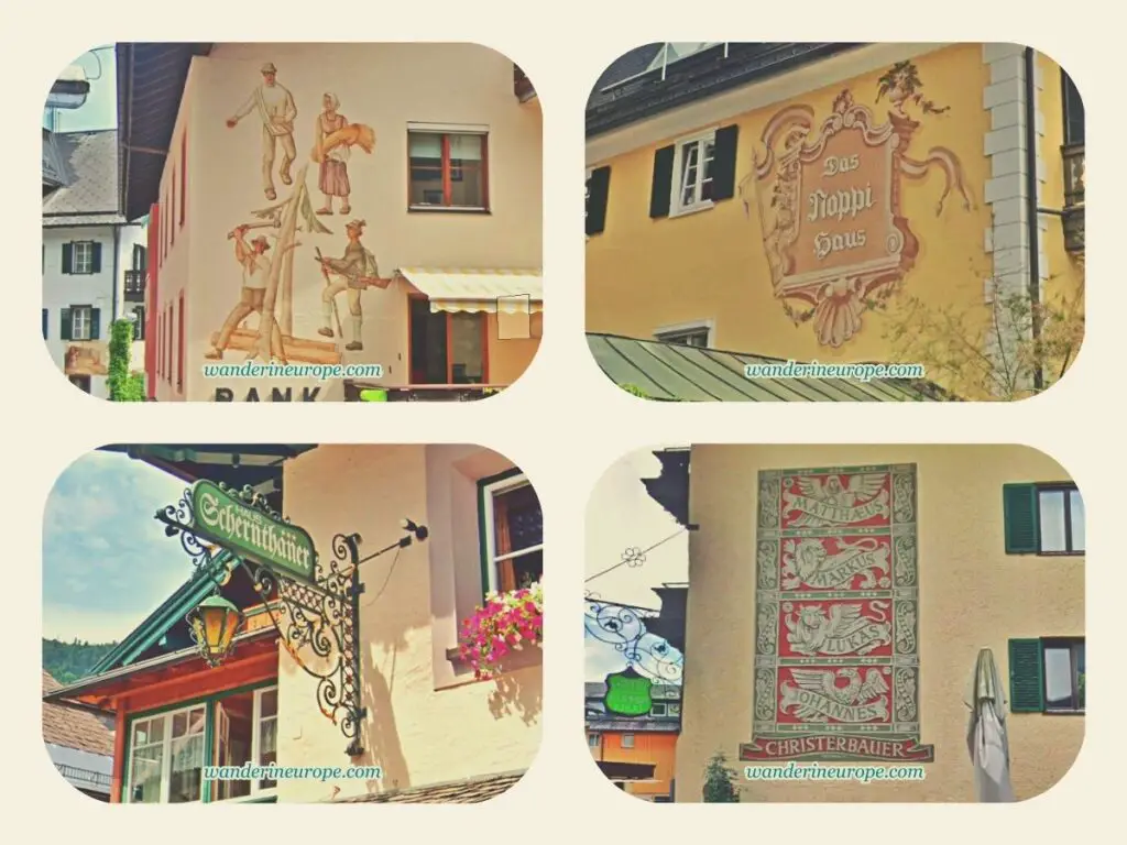Charming details like murals and wrought iron landmarks in St. Gilgen, Salzburg, Austria