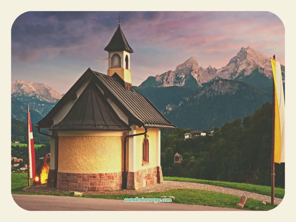 Golden Hour view of Kirchleitn Kapelle in Berchtesgaden, Bavaria, Germany, a day tip from Salzburg