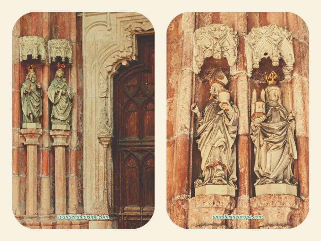 Gothic decorations of the old oak door - the statues of the saints who founded Nonnberg Abbey, Salzburg, Austria