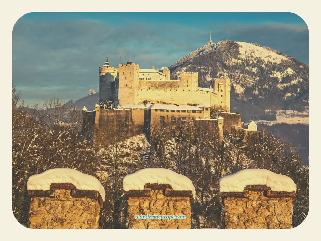 Magical view of Hohensalzburg Fortress (winter time) in Salzburg, Austria