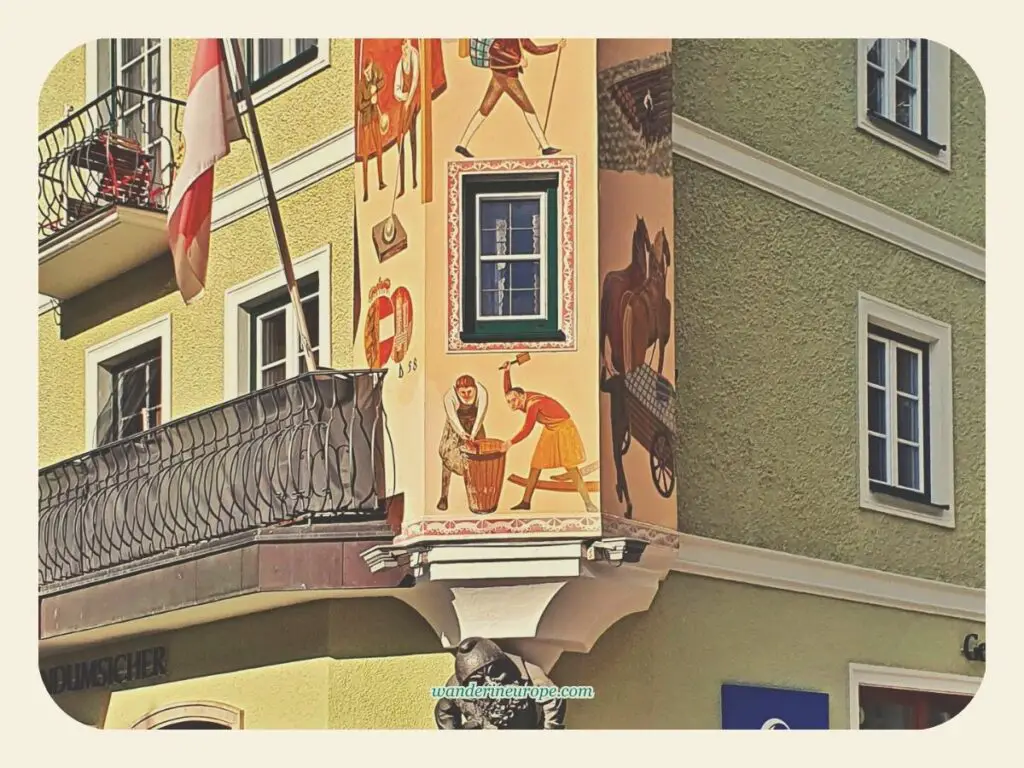 More murals of the corner tower (lower part) in Mozartplatz in St. Gilgen, Salzburg, Austria