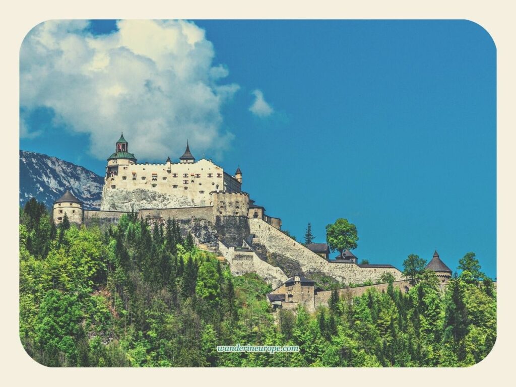 Photo of the Hohenwerfen Fortress from the hilly west side of Werfen, Salzburg, Austria