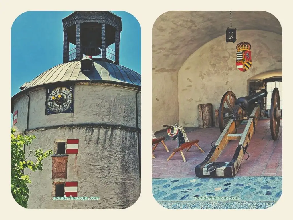 The belfry, clock tower, cannon, and medieval toys in Hohenwerfen Fortress, Werfen, Salzburg, Austria