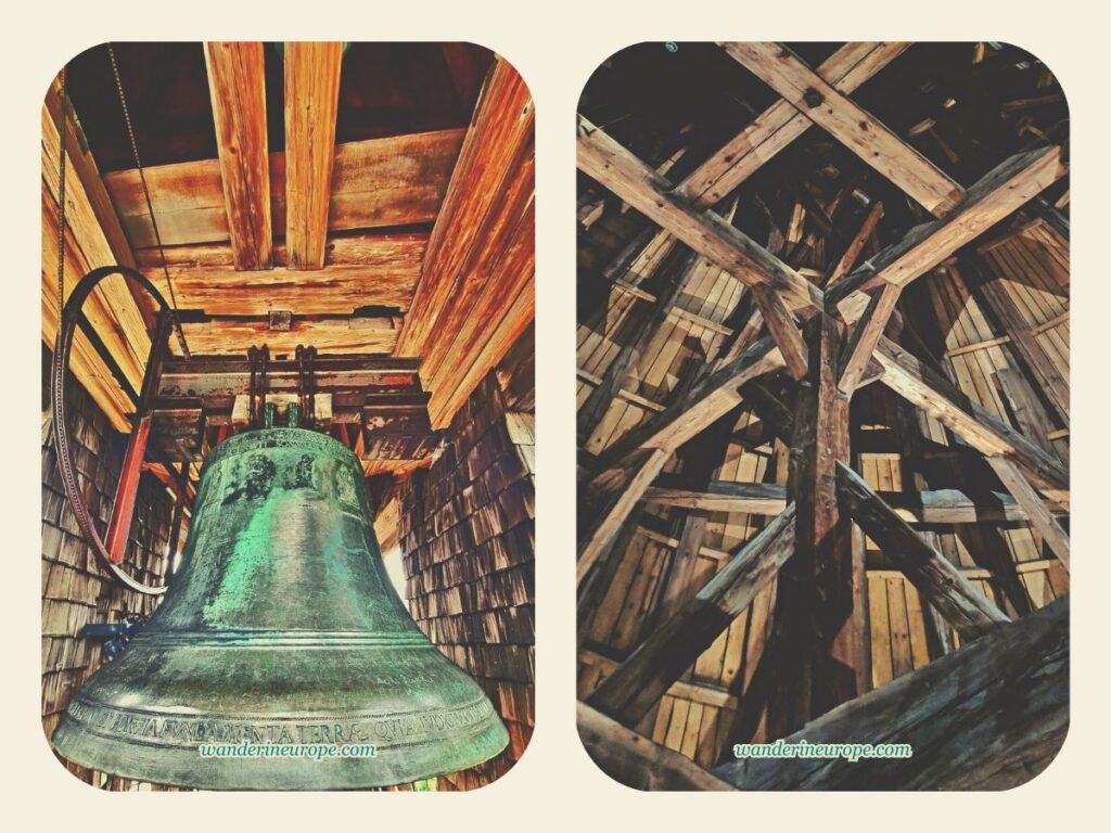 The bell and rustic wooden roof truss in Hohenwerfen Fortress, Werfen, Salzburg, Austria