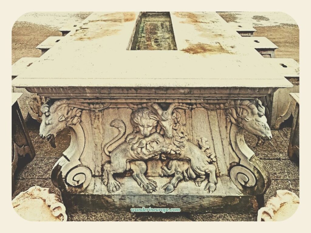 The design of the Royal Table (showing a lion and ibex hugging each other which is the symbol of Markus Sittikus) in the Roman Theater in Hellbrunn Palace, Salzburg, Austria