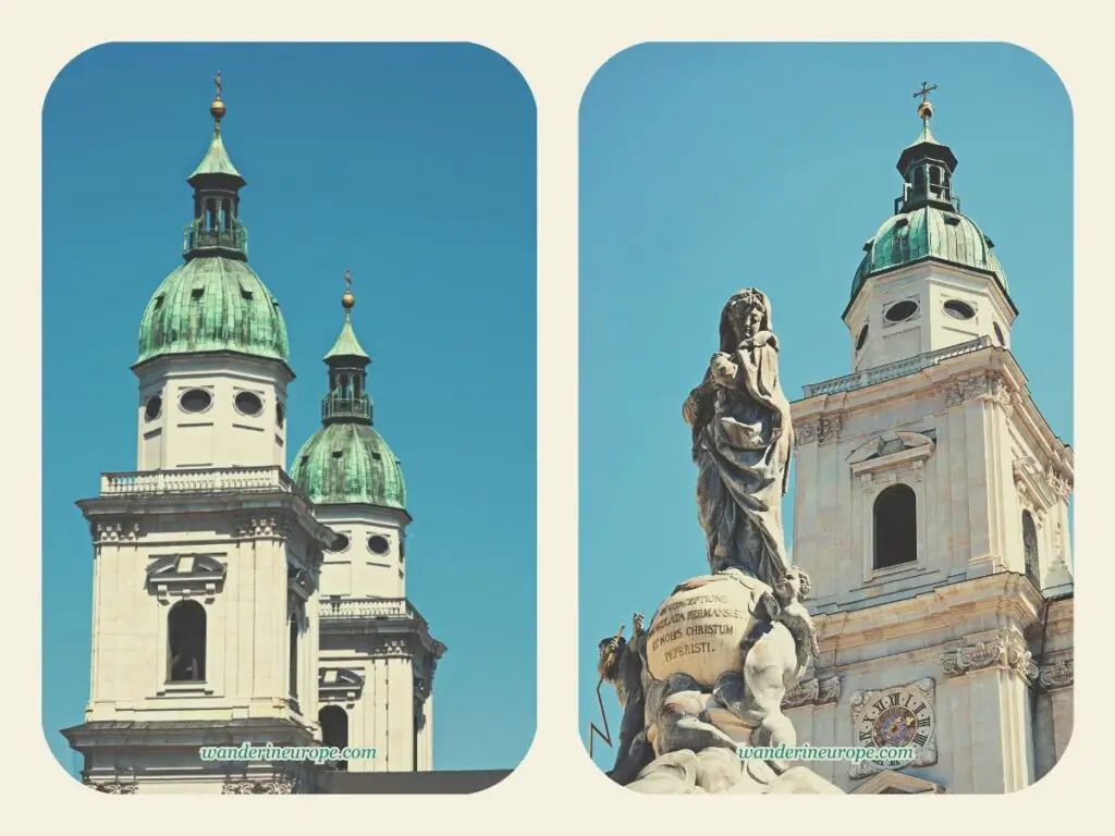 The spires of Salzburg Cathedral and the statue on top of Mariensäule in Old Town Salzburg, Austria