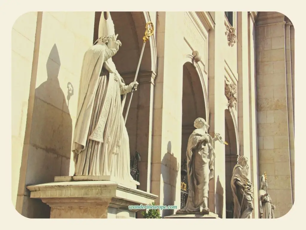 The statues of the saints at the front facade of Salzburg Cathedral in Domplatz, Salzburg, Austria