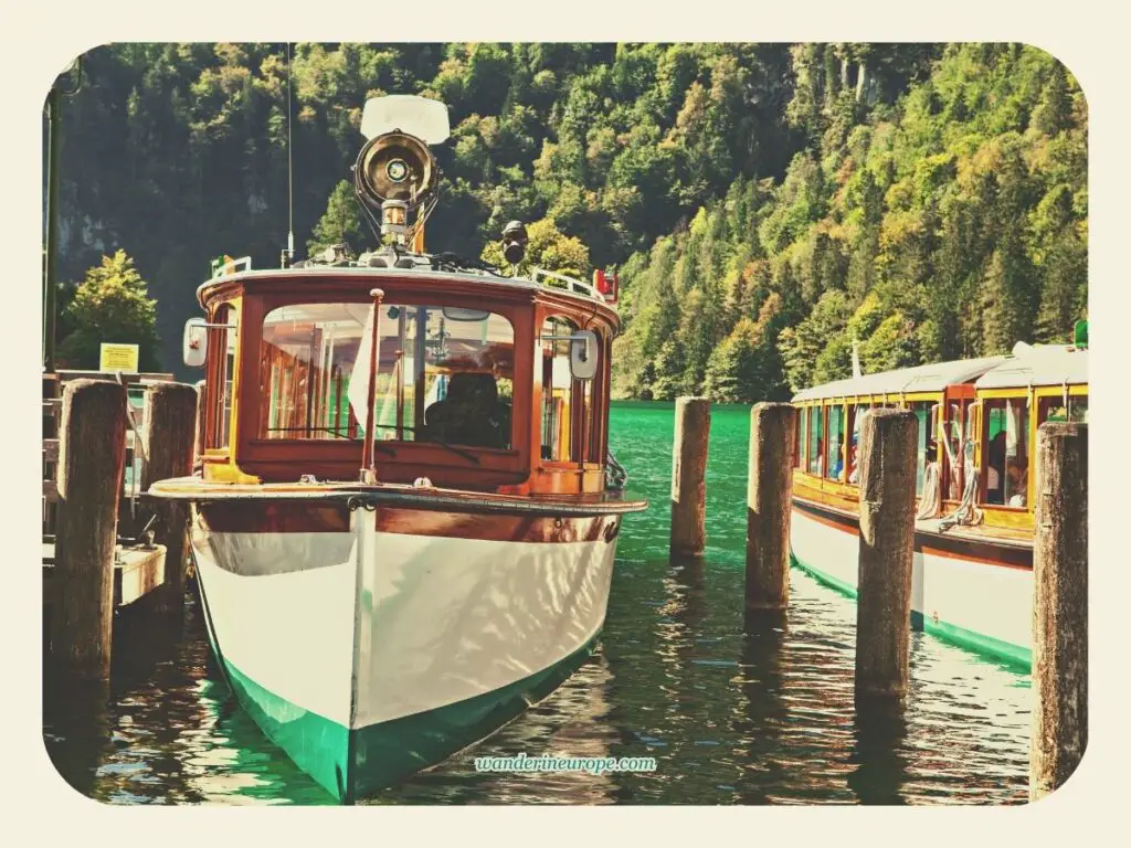 The traditional electric boats in Konigssee, Berchtesgaden, Bavaria, Germany, a day trip from Salzburg