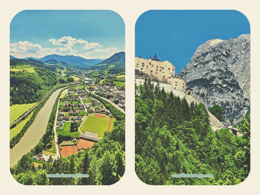 The view of Salzach Valley and the location of Hohenwerfen Fortress in Werfen, Salzburg, Austria