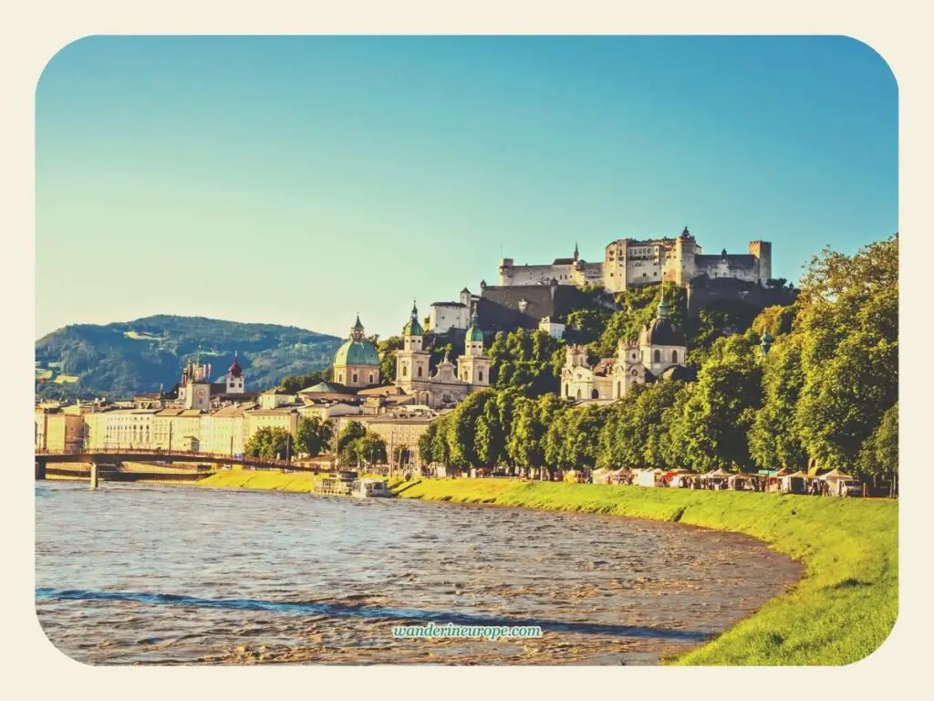 View of Hohensalzburg Fortress from Salzach River in Salzburg, Austria