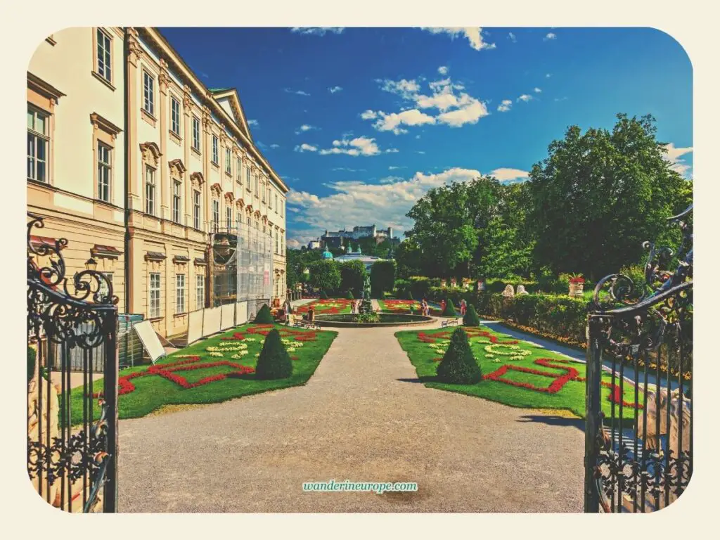 View of Mirabell Palace's small parterre from the northern gate which is another filming location of the movie, The Sound of Music, in Salzburg, Austria