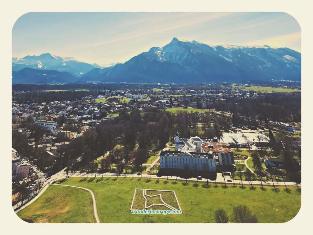 View of the city and the Alps from the viewing platform of Hohensalzburg Fortress in Salzburg, Austria