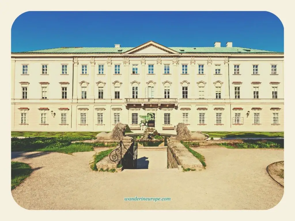 Western Facade of Mirabell Palace and the Pegasus Fountain (one of the filming locations of The Sound of Music ) in Mirabell Garden in Salzburg, Austria