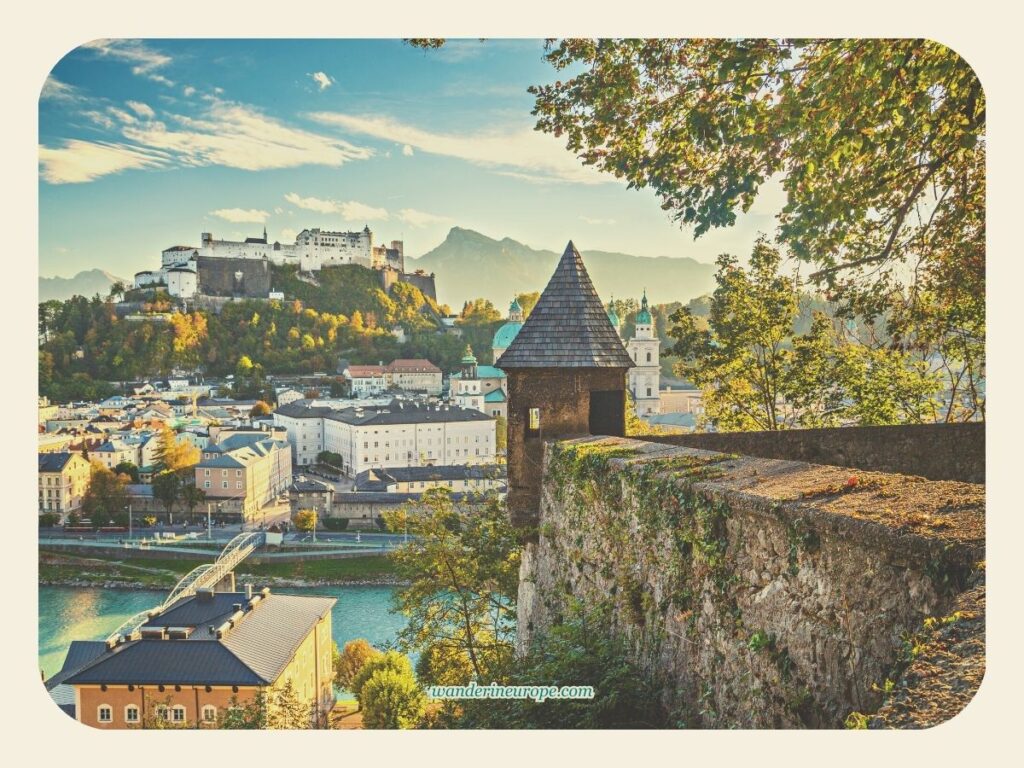 A beautiful vantage point of Old Town Salzburg along Lodronsche defensive walls in Kapuzinerberg, Salzburg, Austria