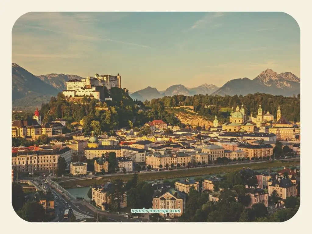 Golden hour view of Old Town Salzburg from Kapuzinerberg, Salzburg, Austria