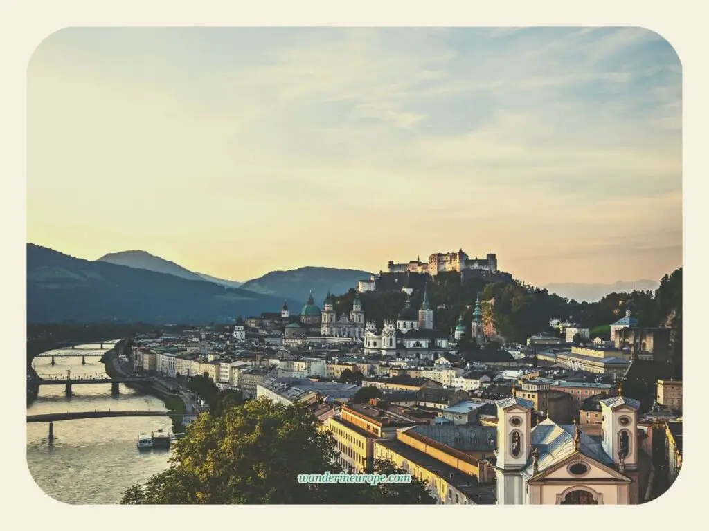 Morning view of Salzburg Old Town from the Humboldt Terrace in Monchsberg, Salzburg, Austria