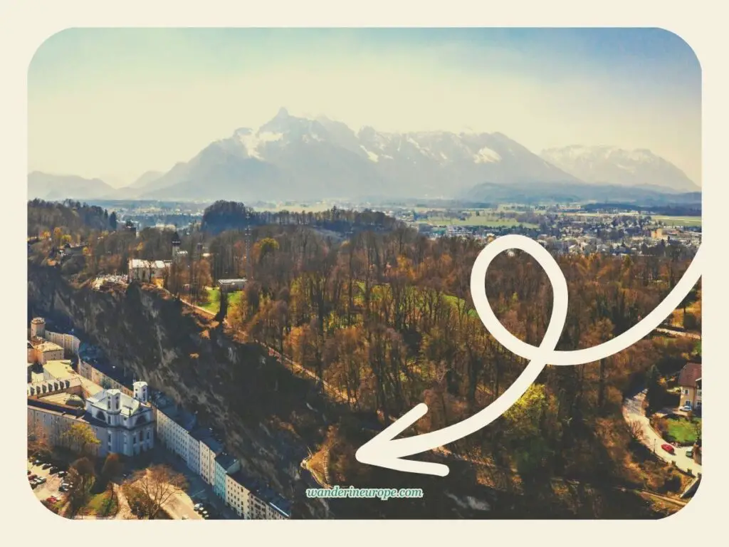 Second part - Drone shot of Salzburg showing the location of the viewpoint of Old Town or Humboldt Terrace in Monchsberg, Salzburg, Austria