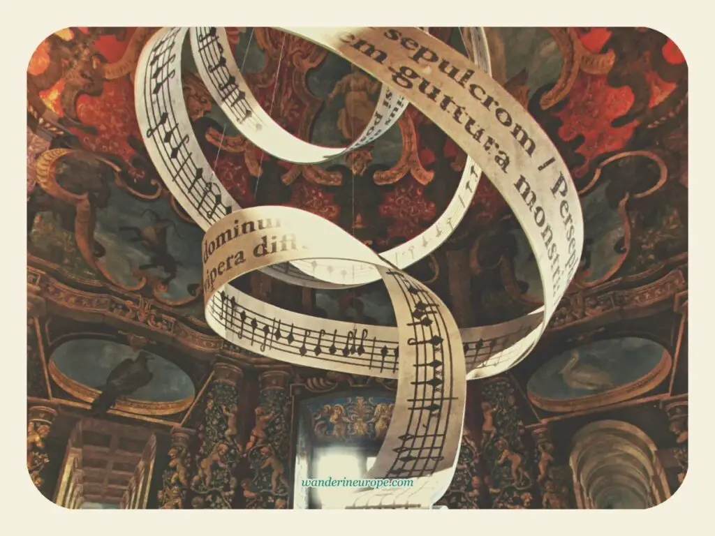 The musical sheet artwork in the middle of the Octagon Room in Hellbrunn Palace, beautiful places in Salzburg, Austria