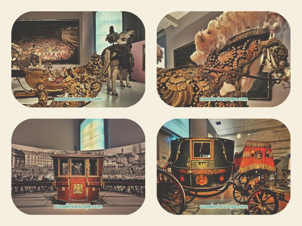 Different exhibits inside the Carriage Museum in Schönbrunn Palace, Vienna, Austria