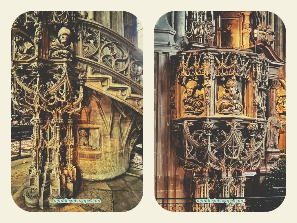 Different sides of the pulpit (the self portrait of the sculpture seen below the pulpit) of Saint Stephen's Cathedral, Vienna, Austria