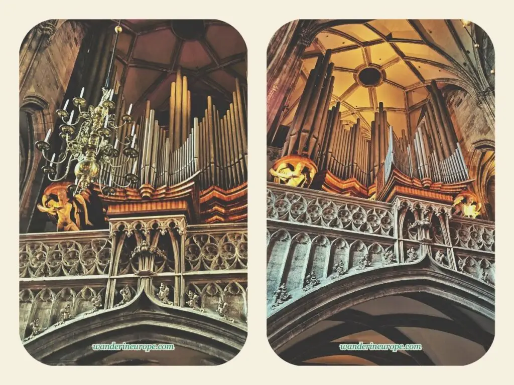 Different views and lighting of the old organ of Saint Stephen’s Cathedral, Vienna, Austria