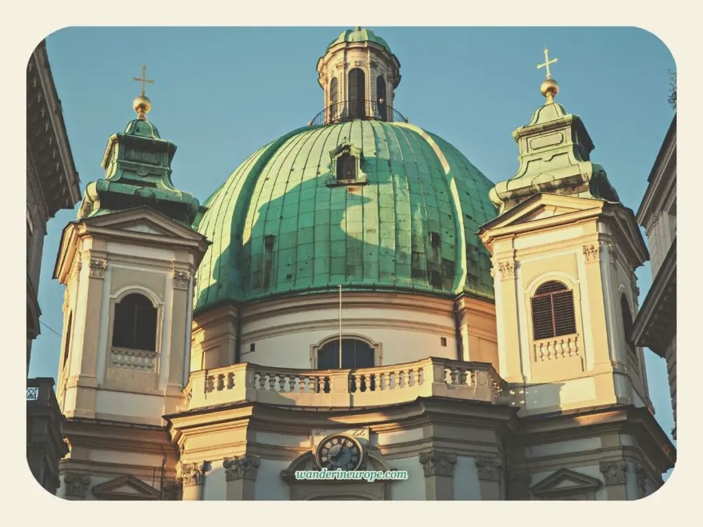 Golden hour appearance of Peterskirche’s exteriors, Vienna, Austria