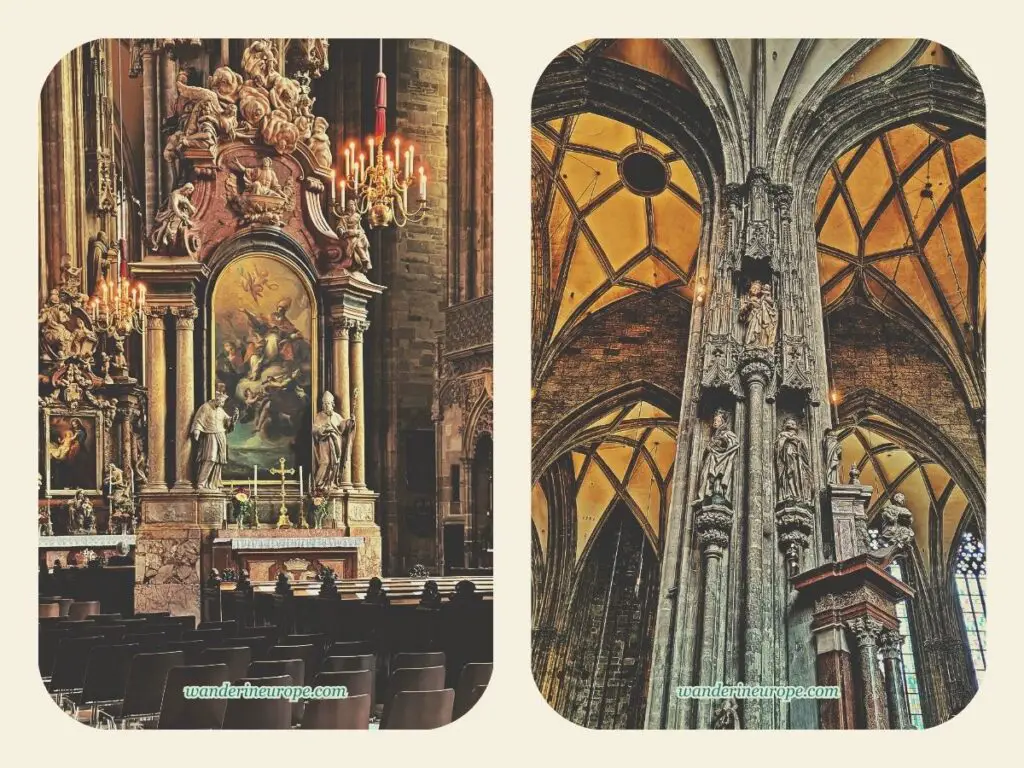 Gothic pillars and Baroque Altars of Saint Stephen's Cathedral, Vienna, Austria