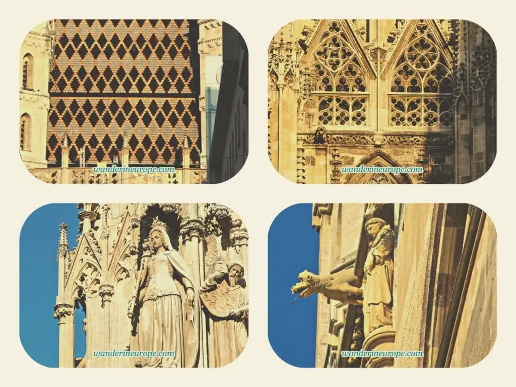 Incredible details (tiled-roof, gothic tracery, statues of saints, and gargoyles) of the architecture of Saint Stephen’s Cathedral, Vienna, Austria