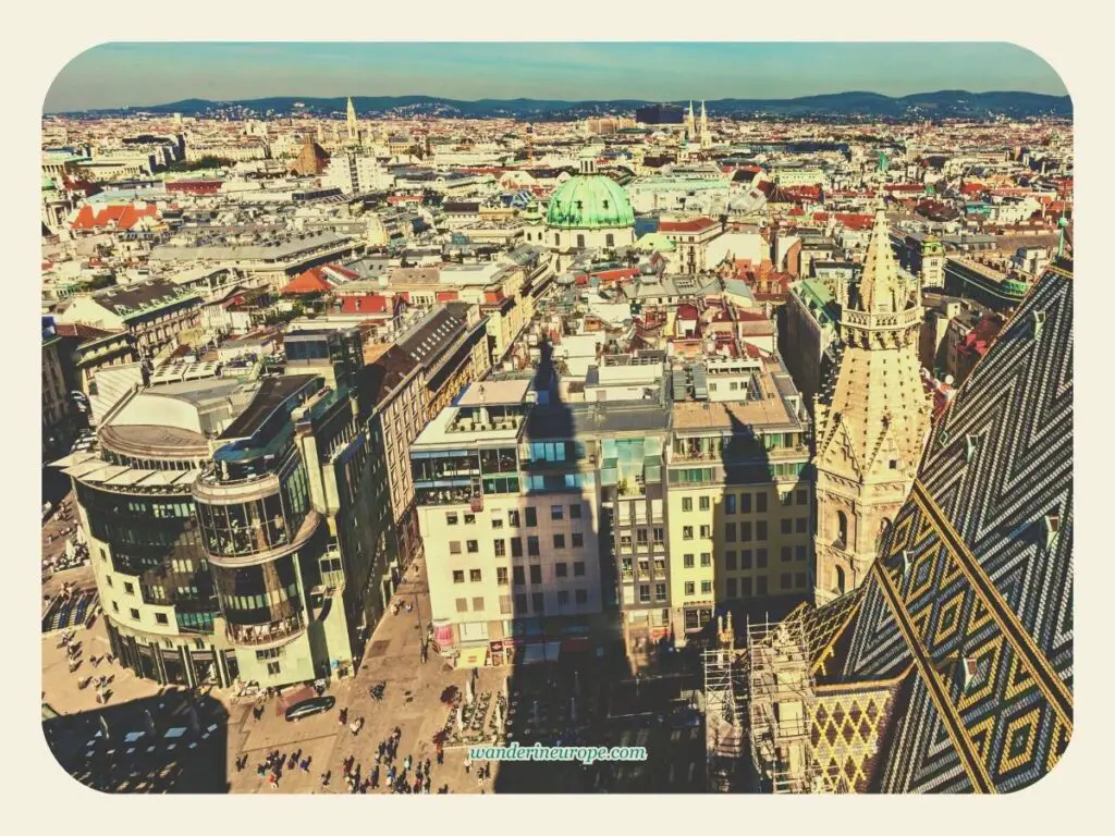 Overlooking view of Stephansplatz from the south tower of Saint Stephen’s Cathedral, Vienna, Austria