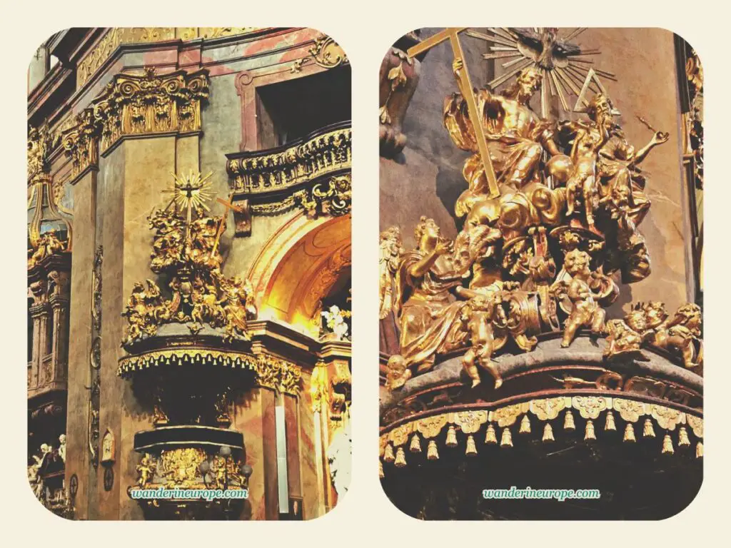 Peterskirche’s pulpit and the statues of the Holy Trinity on top of the pulpit, Vienna, Austria